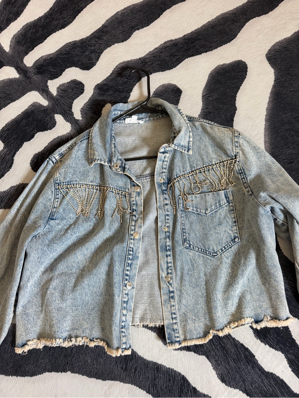 Light Blue Denim Jacket with Gold Fringe Accent - Women